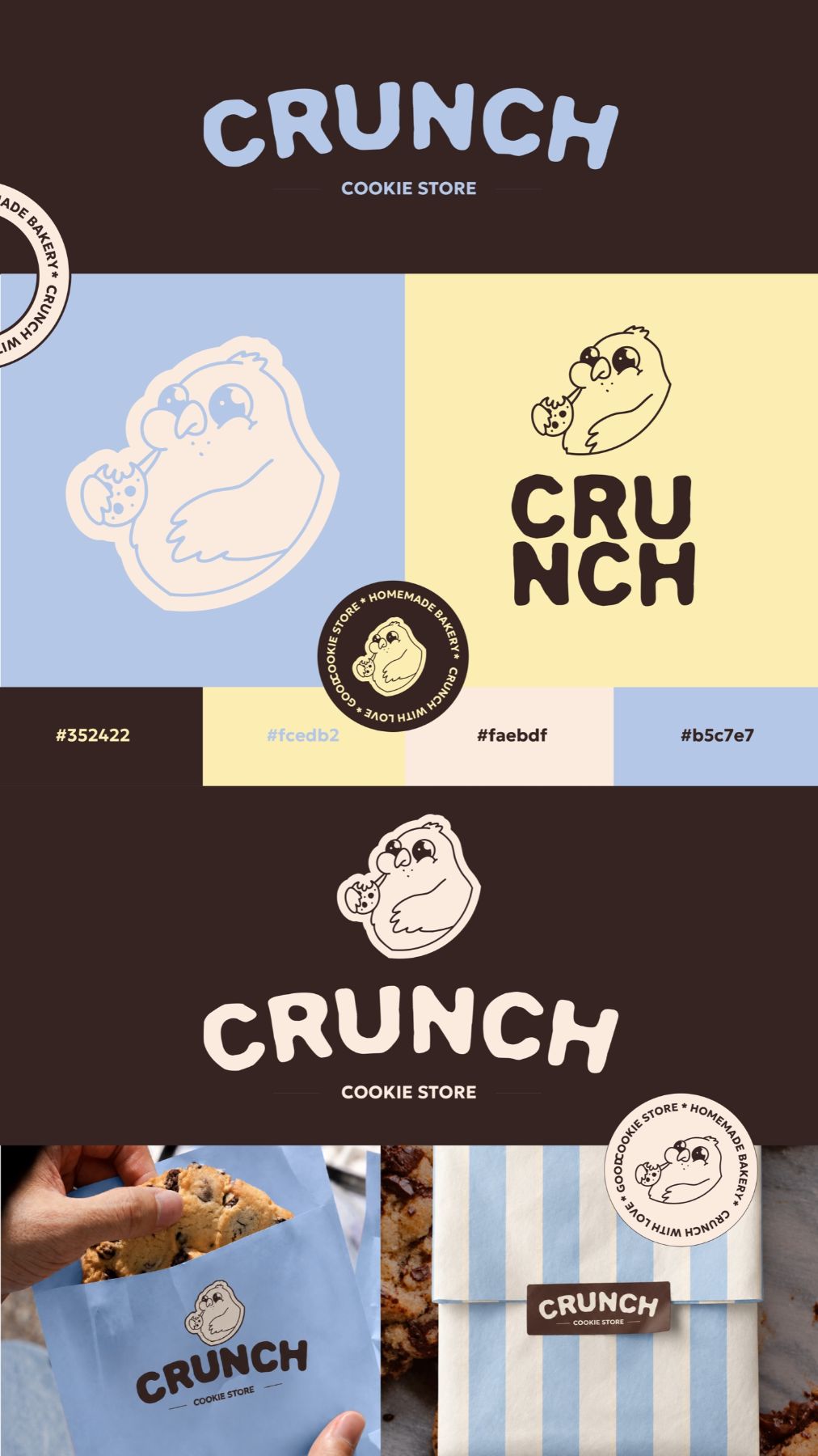 La planche de l'identité CRUNCH : logotypes, mascotte, palette brun, bleu et jaune