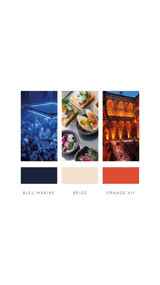 La palette du projet — bleu marine, beige, orange vif — sous trois photos d'ambiance