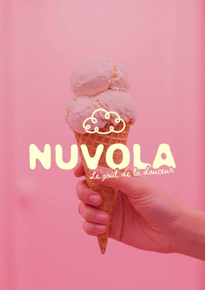 Une main tend un cornet de glace sur fond rose, sous le logotype NUVOLA et sa signature « le goût de la douceur »