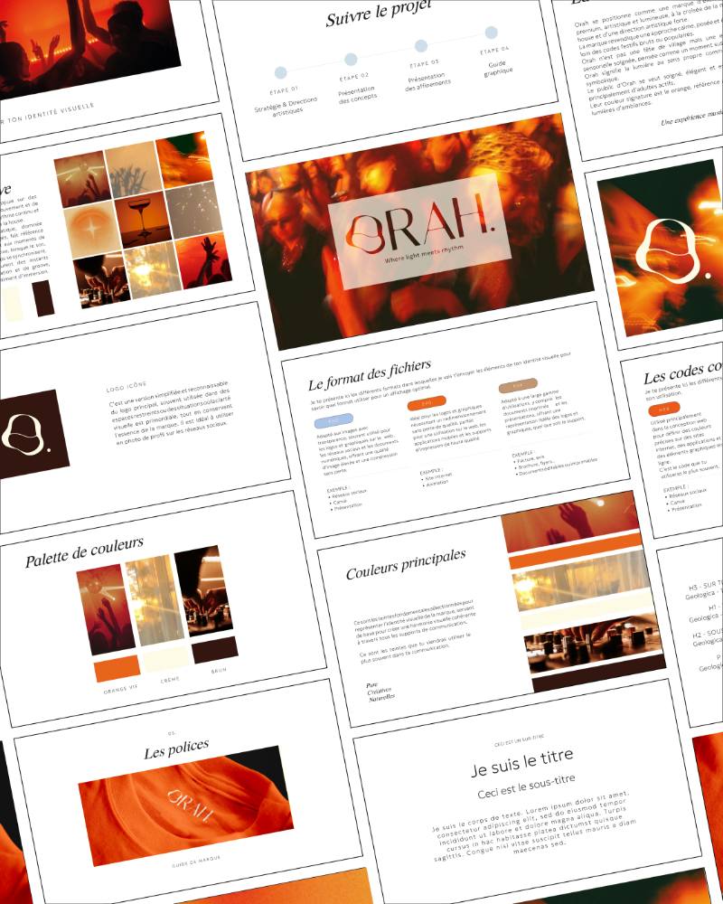 Des pages de la charte graphique ORAH. étalées : typographies, couleurs, photos de nuit
