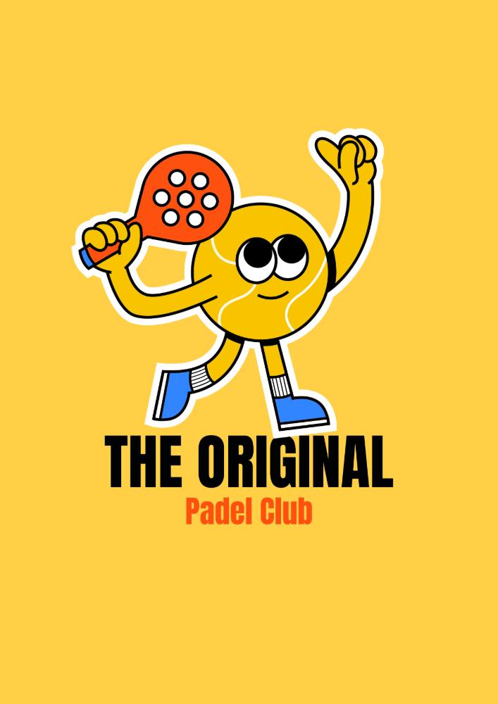 L'affiche jaune « The Original Padel Club » : une balle de padel cartoon, raquette à la main