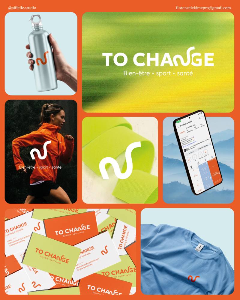 La planche d'identité To Change : gourde, vêtements, cartes et écrans, dans un damier orange et vert